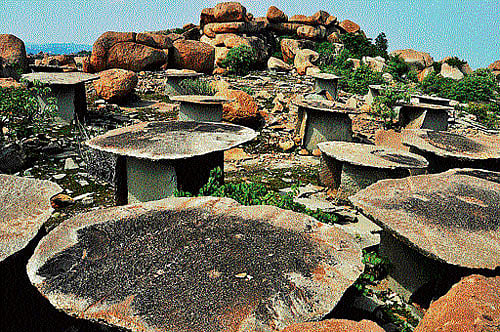 Dolmens strewn across Hirebenkal Hills; the kettledrum-shaped stone at Hirebenkal. photos by author