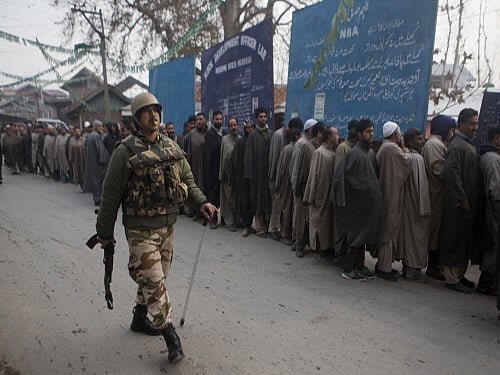 In the wake of the killing of a sarpanch by militants in south Kashmir's Shopian district on Sunday, tight security arrangements have been made to ensure free and fair polling in the second phase of Assembly elections for 18 constituencies on Tuesday. AP photo