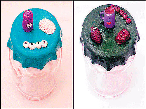 Funky touch: Different kinds of jar lids made out of stale bread.