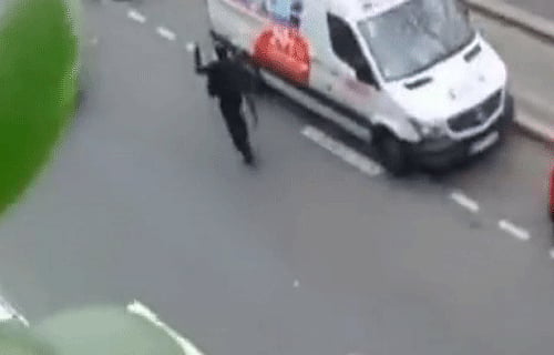 At least 12 pople including 'Charia Hebdo' Editor-in-chief Stephane Charbonnier, known as Charb, and two policemen were killed on Wednesday in a deadly terrorist attack in Paris. The incident was caught on camera by bystanders, which is now available on YouTube. TV grab