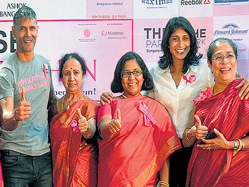 Pinkathon Founder Milind Soman, senior advocate Gayatri Balu, SBI General Manager Nandini Rodricks, athlete Reeth Abraham and theatre personality Arundhati Nag at a press conference on the 3rd edition run of 'Pinkathon' in the City on Tuesday. DH PHOTO