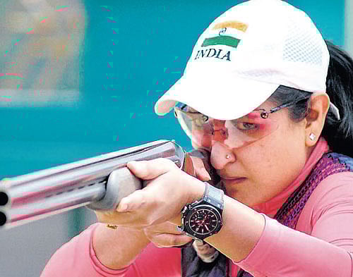 precise Rajasthan's Shagun Chowhary during the double trap event at the National Games in Thrissur on Thursday. PTI