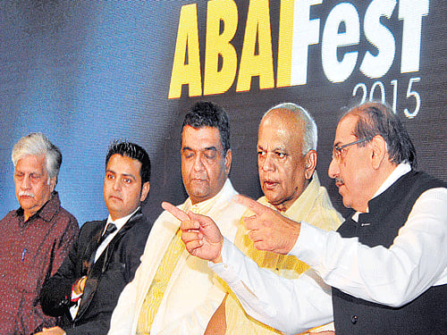 (From left) Karnataka Chalanachitra Academy Chairman Rajendra Singh Babu, ABAI Fest and KAVGC Summit Chairman Ankur Bhasin, IT, BT, S&T Secretary Srivatsa Krishna, IT, BT, S&T Minister S R Patil and ABAI President Biren Ghose at the curtain-raiser of the Animation Fest in Bengaluru on Thursday. DH photo