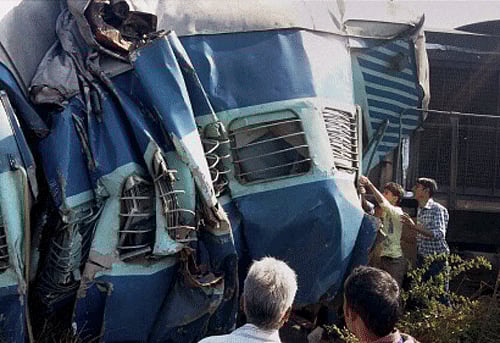 The damaged coaches after the Dehradun-Varanasi Janata Express derailed at the Bachhrawan railway station in Raebareli on Friday. PTI Photo