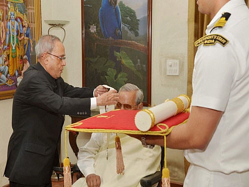 President Pranab Mukherjee conferring the Bharat Ratna on former Prime Minister Atal Bihari Vajpayee at his residence in New Delhi on Friday. PTI Photo.