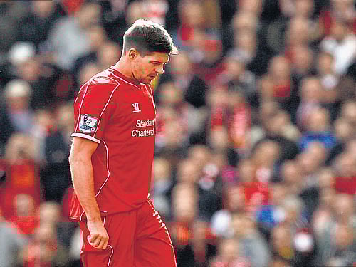 seeing red: Once the enforcer, aging Liverpool star Steven Gerrard has not been able to call upon his famed leadership skills off late. reuters