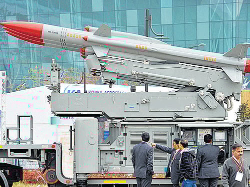 A file photo of the 'Aakash' mobile surface-to-air missile defence systembeing displayed at the Seoul International Aerospace and Defense Exhibition in Goyang in 2013. The Indian Navy has found that the missile does not meet its requirements, particularly on sea keeping issues. AFP
