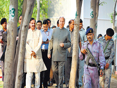 magnificent start: The founder and president of the Aga Khan Network for Development, Prince Aga Khan (Centre) with Tourism Minister Mahesh Sharma (Left) on their arrival to lay the foundation stone of the Humayun Tomb Site Museum in New Delhi on Tuesday. AFP Photo
