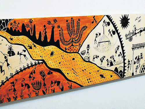 detailed A wall painting in 'warli'.