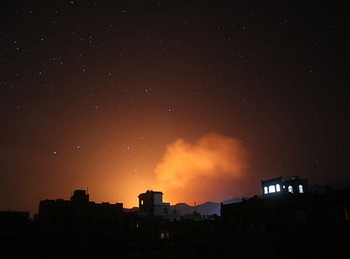 Fire and smoke rises after a Saudi-led airstrike on Sanaa, Yemen. AP file photo