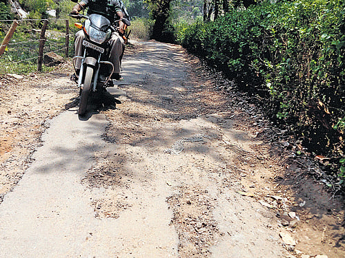 he pathetic condition of the road leading to Balagunda farm near Somwarpet. Road in a village. DH Photo