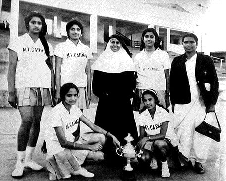 (Standing) Mary Philip, CM Seeta, Sr Genevieve, Malati Basappa and Uma Prasad and (sitting) Mary Fernandez and Parvathy Kushalappa (author).