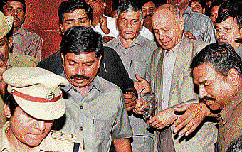 Lokayukta Justice Bhaskar Rao (second from right) leaves after a press meet in Bengaluru on Tuesday. DH Photo