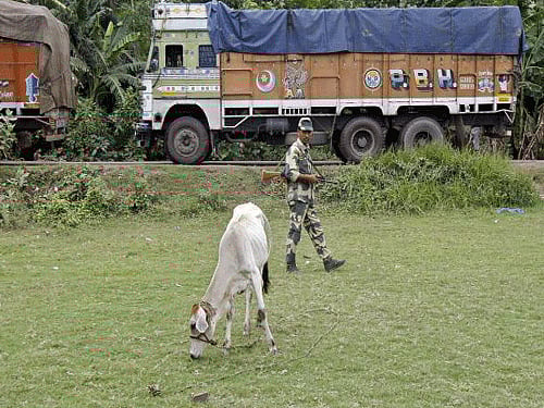 An Indian Border Security Force (BSF) soldier patrols as trucks wait to cross the India-Bangladesh check-post in West Bengal, Reuters photo