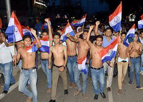 Activists of Asom Gana Parishad (AGP) protesting against the Indo-Bangladesh Land Swap deal, in Guwahati on Friday. PTI Photo