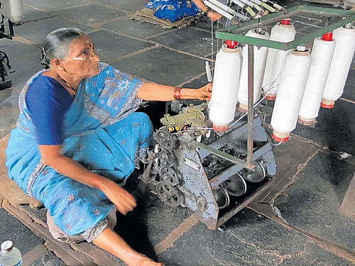 Women at the flag production unit of Kshetriya Seva Sangha, Garag. PHOTO BY AUTHOR