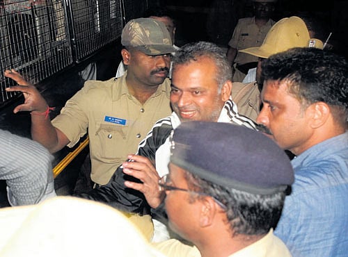 WE GOT HIM: Underworld don Bannanje Raja,who had gone into hiding abroad, is being taken to the special court in Belagavi on Friday. DH PHOTO