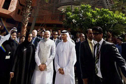 Prime Minister Narendra on his visit to Masdar city on the second day of his two-day visit to UAE, in Abu Dhabi, United Arab Emirates on Monday. PTI Photo