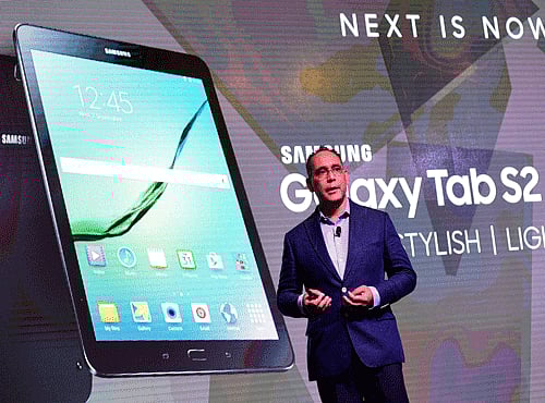 Samsung India Director- Product Marketing Manu Sharma speaks during the launch of the World's slimmest tablet 'Galaxy Tab S2' at a press conference in Bengaluru. PTI photo