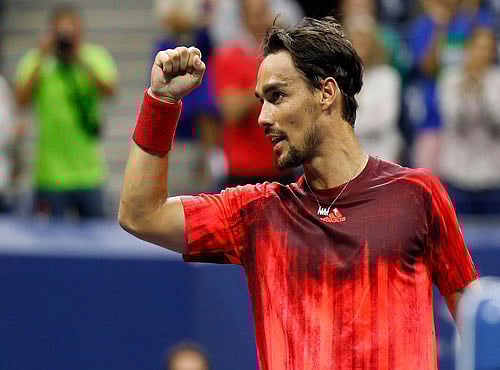 Fabio Fognini of Italy reacts after his match against Rafael Nadal of Spain (not pictured) on day five of the 2015 U.S. Open tennis tournament at USTA Billie Jean King National Tennis Center. Reuters