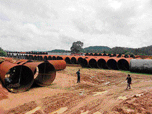 A file photo of thousands of huge pipes seen at the Yettinahole project site at Sakleshpur.
