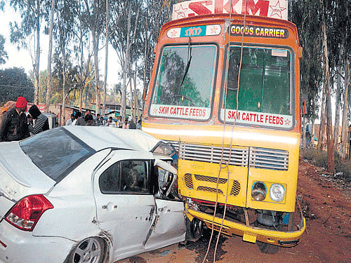 The driver and the other boy sustained minor injuries, said the police. Shalini Rana (24), Pooja Pathak (23), Pooja Tomar (22) and Priyanshi Rana (23) were returning with their friends Bhola Kumar Jha (24) and Ajay (25) from Ghaziabad when the accident occurred, said the cops. Dh file photo for representation