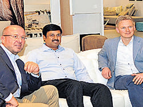 (From left) Alberto Bonaldo, Maaruti Rao and Sebastiaan Sanders at the launch in&#8200; Bengaluru.   DH&#8200;Photo