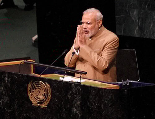 Prime Minister Narendra Modi addresses the 70th session of the United Nations General Assembly at UN headquarters in New York on Friday. PTI Photo