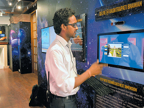 Intel RealSense 3D camera installed on the wall at Navachara in Rashtrapati Bhavan for taking selfies.(Below) Robot dog. Chaman Gautam