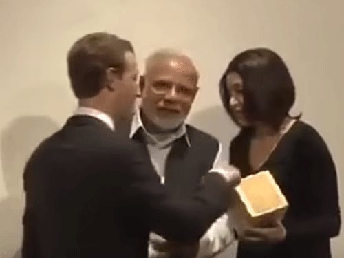 A video clip showing PM Modi pulling aside Mark Zuckerberg, who was obstructing the camera filming him, has gone viral on social media. Video grab