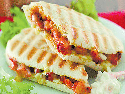 crunchy Chicken tikka sandwich and (below) grilled paneer.