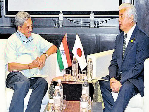Defence Minister Manohar Parrikar with his Japanese counterpart General Nakatani during a bilateral meeting at Kuala Lumpur on Tuesday. PTI