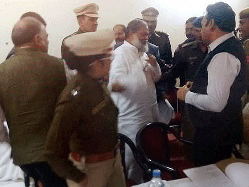Haryana minister Anil Vij walks out after argument with SP in Fatehabad. PTI Photo