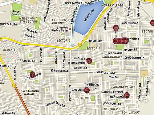 A Google map showing the pothole-ridden spots in HSR Layout.