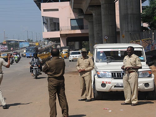 Private vehicles including buses were checked for plying without permits, loading of goods and not carrying valid documents like emission test and insurance certificates, a press note said. DH File photo