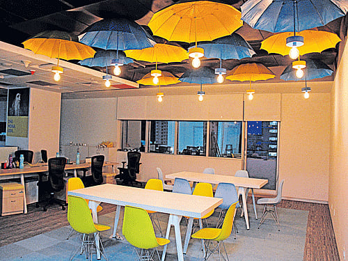 A desk space at the Jumping Goose office