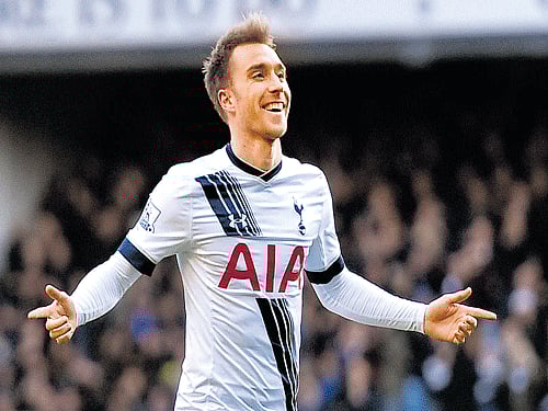 double strike: Tottenham Hotspur's Christian Eriksen celebrates after scoring against Sunderland in their Premier League clash on Saturday. REUTERS