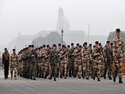 French soldiers take part in the rehearsal for Republic Day parade in New Delhi. A contingent of French soldiers will take part in the parade along with Indian troops in the presence of France's President Francois Hollande who is the chief guest this year. Reuters photo