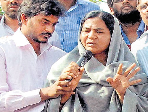 Rohith Vemula's mother addresses protesting students at the University of Hyderabad, on Thursday. PTI