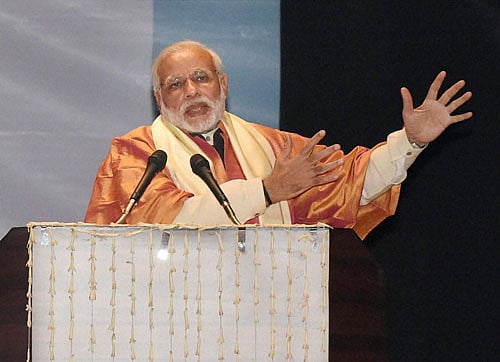 Prime Minister Narendra Modi addressing the 6th Convocation of Babasaheb B R Ambedkar University in Lucknow on Friday.  PTI photo