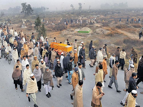 the last journey: Pakistani relatives and residents carry the coffin of a victim of the Bacha Khan University attack in Charsadda. Schools, as all-in-one symbols of government authority and a modernist view of the future, provide easy targets and maximal shock value. AFP