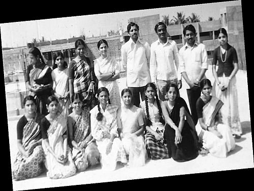 (Standing, from left) Kamachi (third), the author (fourth), TV Raju, Thonteswara Murthy and Ashok Kumar with the commerce students of NMKRV Junior College.
