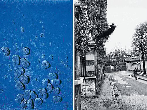 masterpieces Untitled blue sponge relief; (right) the iconic 'Leap Into The Void' photo.