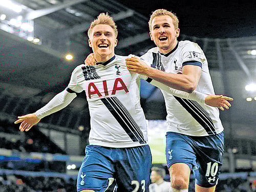 no stopping them Tottenham Hotspurs' Christian Eriksen (left) celebrates with Harry Kane after scoring against Manchester City on Sunday. Reuters