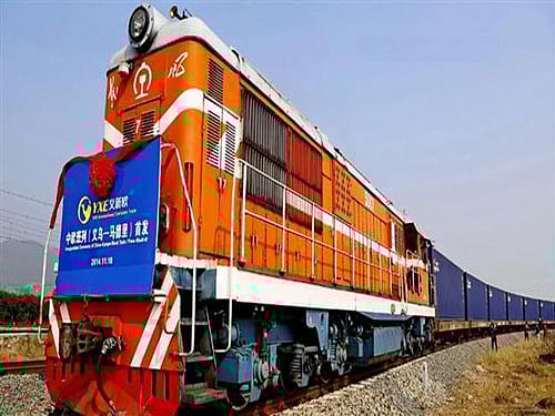 The train, carrying 32 containers of commercial products from eastern Zhejiang province, took 14 days to make the 9,500-kilometre (5,900-mile) journey through Kazakstan and Turkmenistan. Image courtesy: Twitter