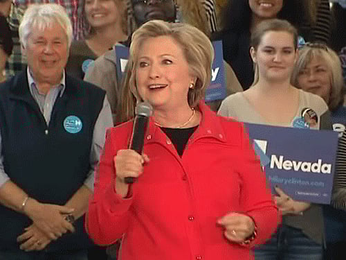 The 68-year-old former Secretary of State was in the middle of a speech about how, in her view, Republicans say things that are not true, when she recalled a radio advertisement featuring a barking dog that she said ran in rural Arkansas while her husband, Bill Clinton, was running for office. Screen grab.