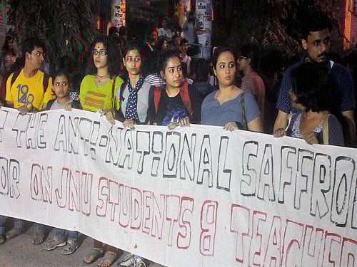 The rally was stopped near the Jadavpur Police station when some activists broke the barricade and went close to the varsity gates where the students and teachers had gathered. PTI Photo.