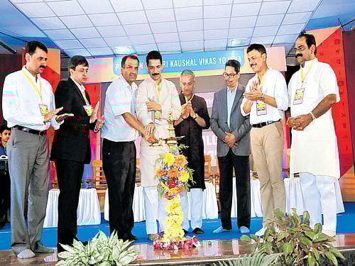 MP Nalin Kumar Kateel inaugurates the job and skill training camp, at Sahyadri College of  Engineering and Management in Adyar on the outskirts of Mangaluru on Saturday. Sahyadri College of Engineering and Management Chairman Manjunath Bhandary and MLC Capt Ganesh Karnik among others look on. DH photo