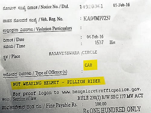 The challan issued by the traffic police. dh photo
