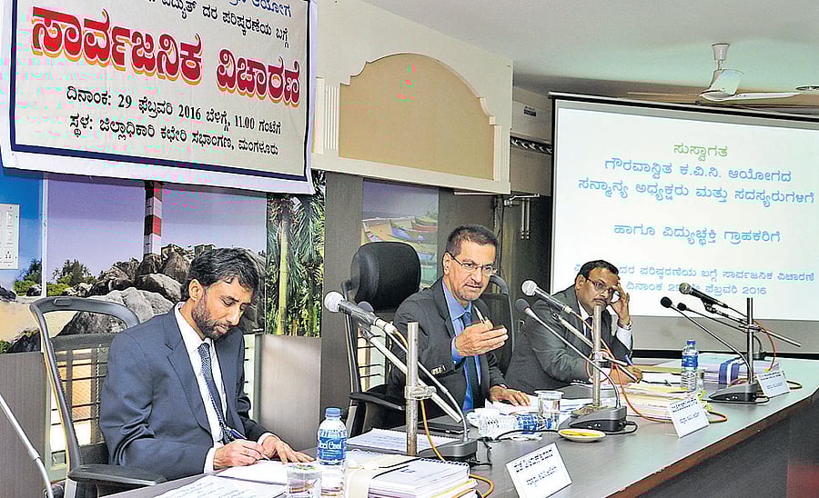 Power of speech: KERC Chairman M K Shankarlinge Gowda speaks at a public hearing on hike in power tariff proposed by the Mescom, in Mangaluru on Monday. dh photo